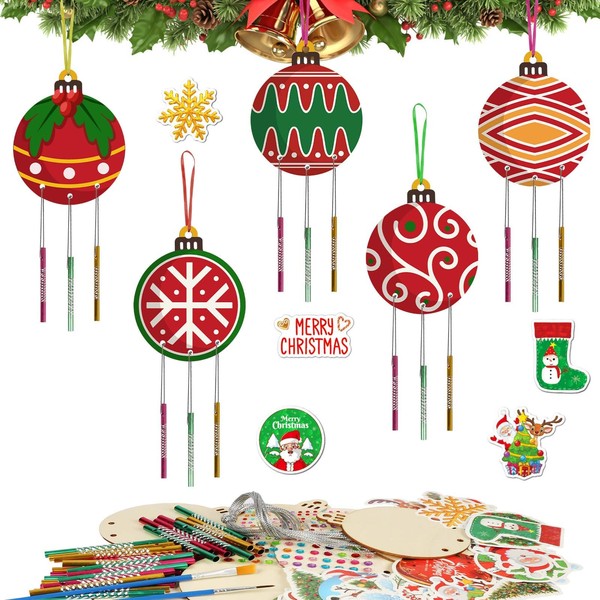 WEDNOK 9 Pack Christmas Wind Chime Kit for Kids Make You Own Christmas Baubles Wind Chime DIY Paint Wooden Art and Craft for Girls Boys Christmas Craft Supplies Christmas Tree Decorations