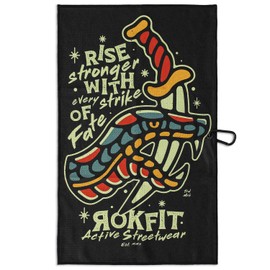 RokFit Gym & Golf Towel – Multi-Use, Quick-Dry, Durable Utility Towel with Bold Graphic and Carabiner Clip (Rise Stronger, Strike of Fate)