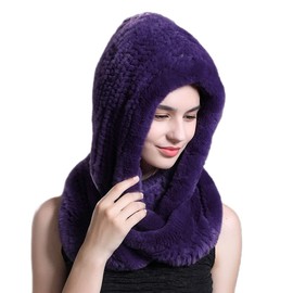 Winter Warm Real Rex Rabbit Fur Hat Women 2-in-1 Function Hoods with Scarf Hats Hooded Muffler Fur Headband Cap (Purple)