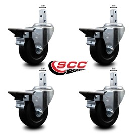 Swivel Square Stem Caster Set 4 w/4” x 1.25” Black Hard Rubber Wheel-7/8” x 2” Square Stem with (3) 17/64” Diameter Mounting Holes-Includes 4 Posi Lck Brakes-1200lbs. Cpty/Caster- Service Caster Brand