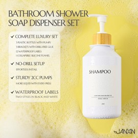 JANXIN Shampoo and Conditioner Dispenser Set of 3 for Wall Mount,16.9 fl oz Drill Free Shower Soap Bottles with Labels,Refillable Body Wash Dispensers for Bathroom Decor (White Bottles + Bamboo Pumps)