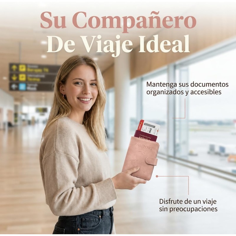 Porta Pasaporte Rosa, con Bloqueo RFID, Cuero PU Impermeable