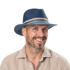 Stetson Romaro Toyo Traveller Straw Hat Men – Summer Hat Made of Viscose – UV Protection 40+ – Wide Brim – With Striped Grosgrain Ribbon Set – Sun Hat – Men's Hat – Spring/Summer, beige