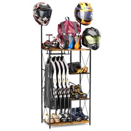 Floor Standing Motorcycle Helmet Holder, Large Motorcycle Gear Rack 4 Helmet Hanger, 3 in 1 Gear Storage Helmet Storage Rack (Black)
