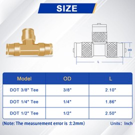 Daptemn 3/8" DOT Air Line Quick Connect Fittings, 3 Pcs Brass Air Brake Line Fitting Push To Connect Fittings Tee, 3/8" OD Tube Air Line Connector Replace Semi Truck Accessories
