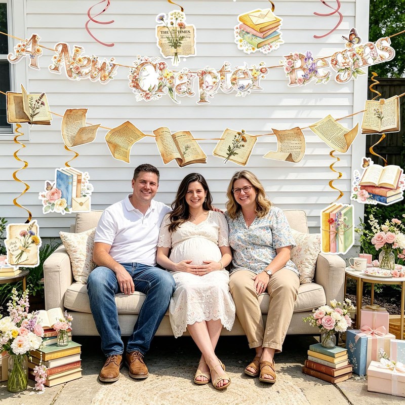 A New Chapter Begins Banner Floral Book Hanging Swirls Baby