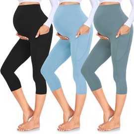 GROTEEN 3 Pack Women's Maternity Capri Leggings Over The Belly Workout Stretchy Pregnancy Pants