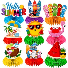 9Pcs Summer Party Decorations Honeycomb Centerpiece, Hello Summer Birthday Party Decorations, 3D Beach Summer Decorations Honeycomb Centerpiece for Birthday Beach Pool Party Decors