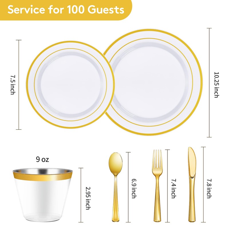 Goodluck 600 Pieces Gold Disposable Plates for 100 Guests, Plastic