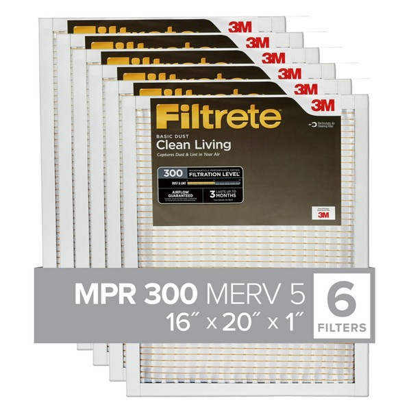 Filtrete 16x20x1 Air Filter, MPR 300, MERV 5, Clean Living Basic Dust 3-Month Pleated 1-Inch Air Filters, 6 Filters