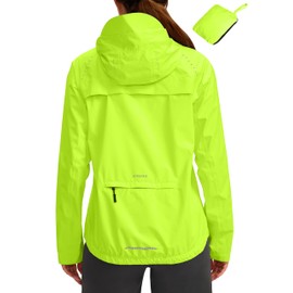 Bikewa Women's Cycling Rain Jackets Waterproof Windbreaker Lightweight Running Windproof Reflective Jacket Packable Hooded(Fluorescent Yellow,S)