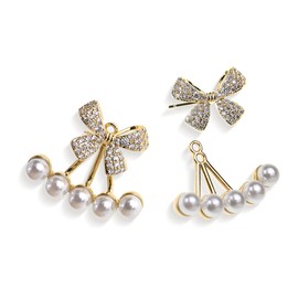Sonateomber Gold Pearl Bow Stud Front Back Earrings for Women, Cute Sparkly Rhinestone Cubic Zirconia Ribbon Earing Valentines Holiday Prom Fashion Jewelry Gifts