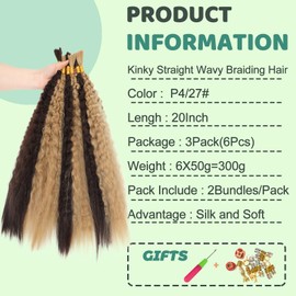 XIIMENALU Kinky Straight Wavy Braiding Hair for Boho Braids Wet and Wavy Bulk Hair for Braiding No Weft Yaki Straight Bulk Hair for Micro Braiding Rebundle Braids (P4/27#, 20inch(3pack(6pcs)))