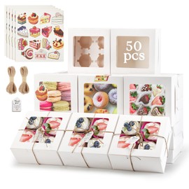 OAMCEG 50 Pack Cupcake Boxes with Window 6x6x3 Inches White Cookie Boxes, Bakery Treat Boxes with Stickers & Twine for Pastry, Desserts, Strawberries, Cupcakes, Gift Giving