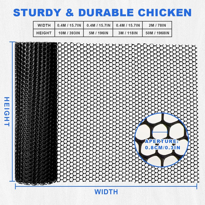 Plastic Chicken Wire Mesh Fence Roll with Zip Ties,15.7inx32.8ft Black,Chicken