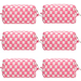 PAZIMIIK Checkered Makeup Bag for Purse Portable Zipper Make Up Pouch Small Cosmetic Case for Travel Accessories (6PCS Pink White)