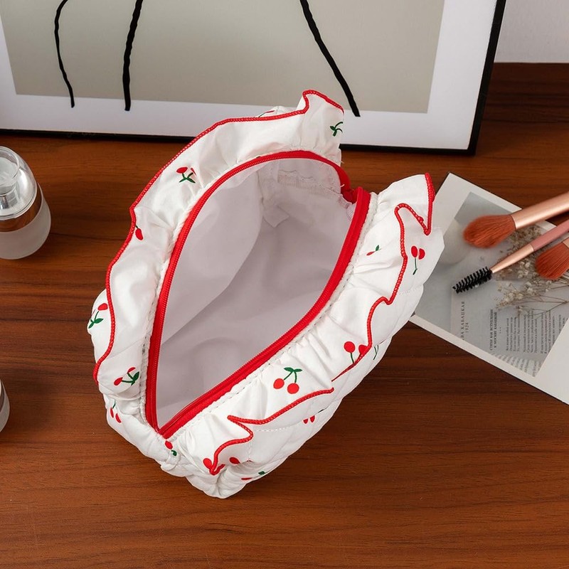 Quilted Travel Cosmetic Bag Organizer Stylish Cherry Print Makeup Pouch