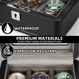 LIBOLXSP Premium Carbon Fiber Leather Watch Box for 3 Watches, Lockable, Portable Storage with Glass Display Window, Ideal Gift for Watch Collectors, Travelers Him/Her Gray Velvet