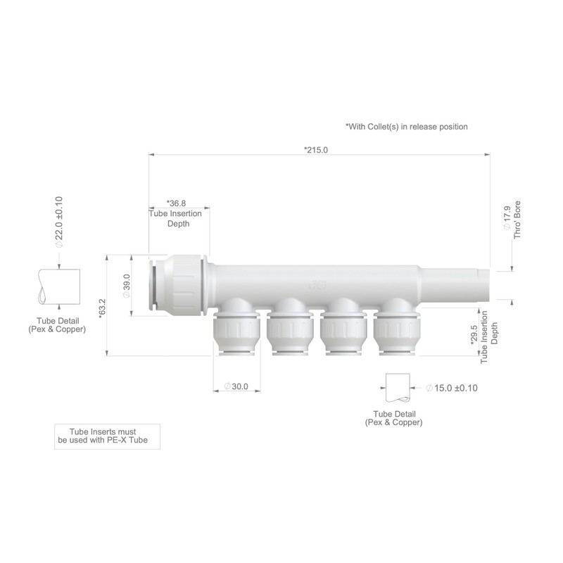 John Guest 22mm x 15mm 4 Port Manifold with Stem