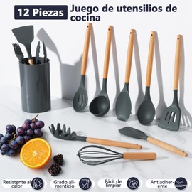 12PCS Utensilios de Cocina de Silicona, Resistente al Calor y Antiadherente Conjunto de Utensilios de Cocina Mango de Madera Juego de Utensilios de Cocina, Excelente Utensilios de Cocina.