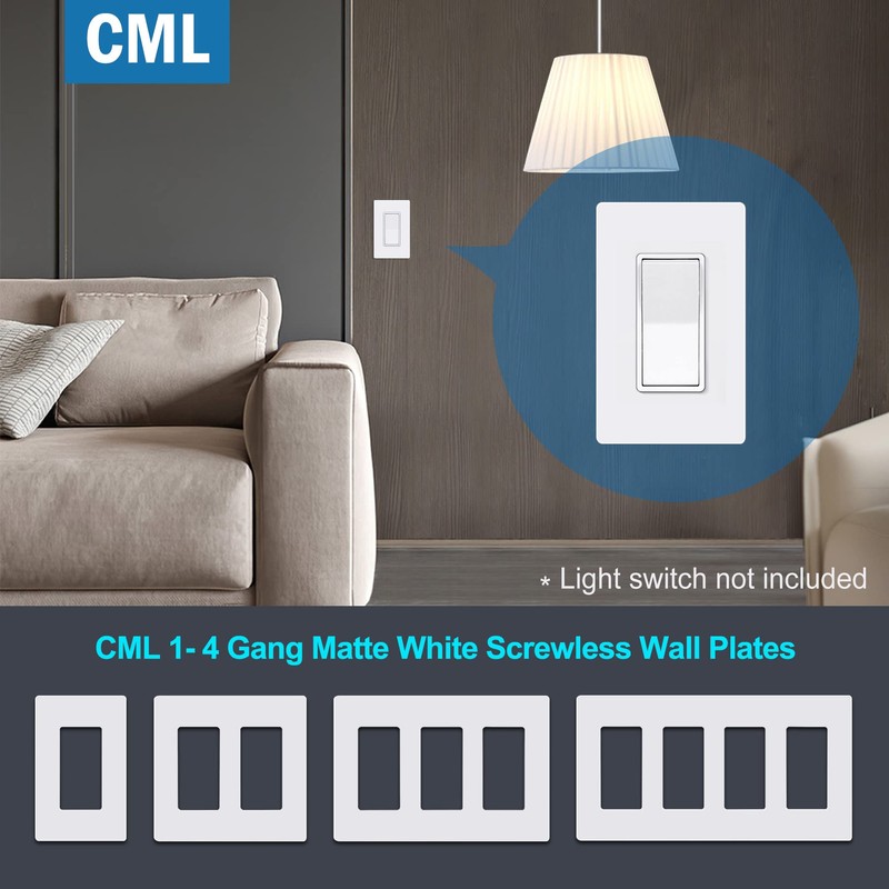 CML Matte White Decorator Screwless Wall Plate, 8 Pack 1-Gang