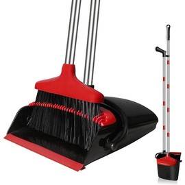 Broom and Dustpan Set for Home, Upright 55" Long Handle Broom with Dustpan Combo Set, Lobby Broom Sweeping for House Kitchen Room Office Indoor Floor Cleaning Supplies Housewarming Gift - Red - variation_color_name: Gray