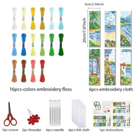 FREEBLOSS 6 Set Coast Stamped Cross Stitch Bookmark Kits Cross Stitch Kit Embroidery Bookmarks Kit for Adults Beginners with Backing Felt Embroidery Floss DIY Bookmark Kit for Book Lovers 8x2.4''