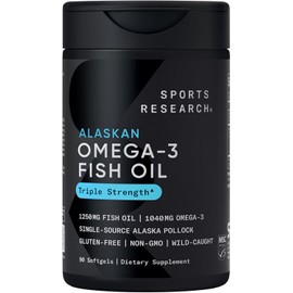 Sports Research® Omega-3 Fish Oil 1250 mg – Triple Strength Supplement from Wild Alaska Pollock, MSC-Certified Sustainable, Non-GMO, Soy-Free – 90 Softgel Capsules