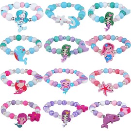 Kids Bracelets Mermaid Party Favors - 12 Pack Cute Toddlers Little Girls Ocean Wooden Beaded Bracelets, Costume Play Jewelry Princess Birthday Goodie Bag Stuffers Pinata filler Classroom Prize Gifts
