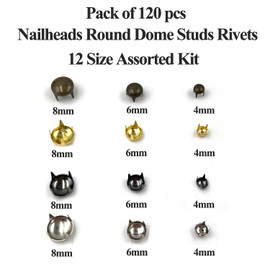 Honigo 120pcs Nailheads Round Dome Studs Rivets Mixed Color Metal Solid Brass 4/6/8mm 4 Prongs Spikes Spots for Leather Craft Clothes Belt Bag Shoes Decorations Totes DIY Craft Gold Silver Gun Bronze