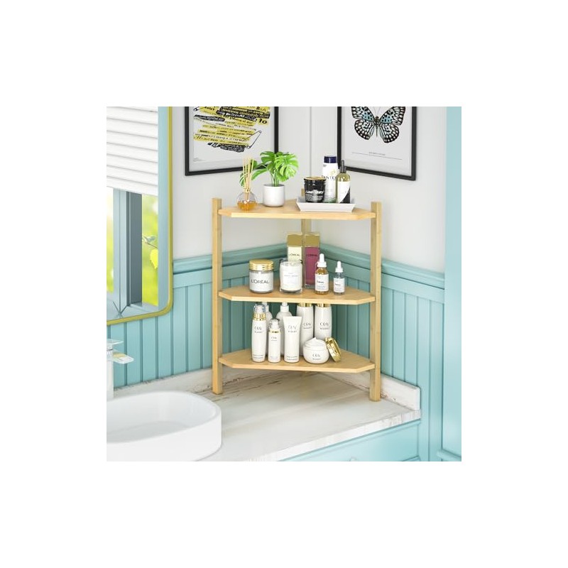 Wisuce Corner Shelf Stand - 3 Tier Bamboo Small Corner