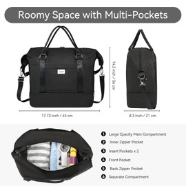 Voova Weekend Overnight Bag for Women & Men, Large Travel Duffle Bag with Shoes Compartment, Carry On Bag with Toiletry Bag、Cosmetic Bag、Shoes Bag 4 Pack Set for Ladies Gym, Hospital, Yoga, Black