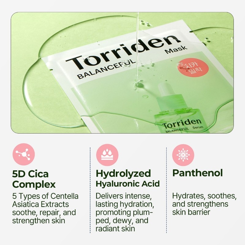 Torriden Balanceful Cica Sheet Mask 10pcs. Korean skincare for sensitive