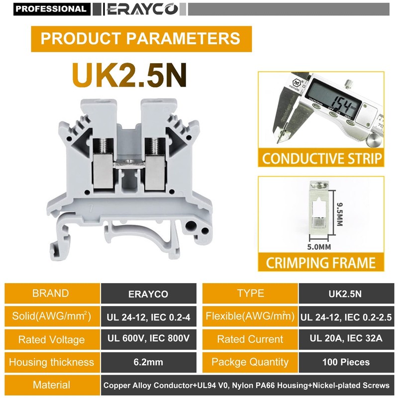 Erayco UK2.5B-GR DIN Rail Terminal Block, Screw Clamp, 600V 20A
