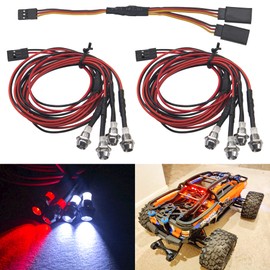 2Pack HIRCQOO 4LED RC Car LED Light Headlights Taillight Lighting with JR Y Cable Compatible with Traxxas HSP Tamiya Redcat RC4WD Axial HPI Kyosho Arrma 1/8 1/10 1/12 RC Car,2Red & 2White (3mm LEDs)