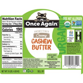 Once Again Organic, Creamy Cashew Butter- Unsweetened - 9 lb Bucket