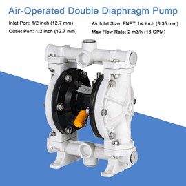 TABODD Air Operated Double Diaphragm Pump QBY-15PP, 1/2 inch Outlet Inlet 13 GPM Pneumatic Transfer Pump 100 PSI Industrial Pump Pneumatic Double Diaphragm Pump for Chemical Waste Oil, Polypropylene