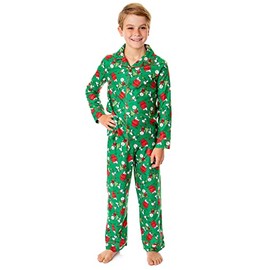 INTIMO Peanuts Boys' Christmas Snoopy Charlie Brown Home For The Holidays Button Down Sleep Pajama Set (10/12)