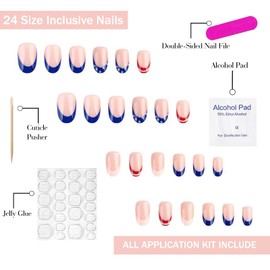 4th of July Press on Nails Short Oval OFDNE French Tip Fake Nails Cute False Nails with Stars Designs Full Cover Glossy Glue on Nails Acrylic Nails for Women Girls 24 Pcs