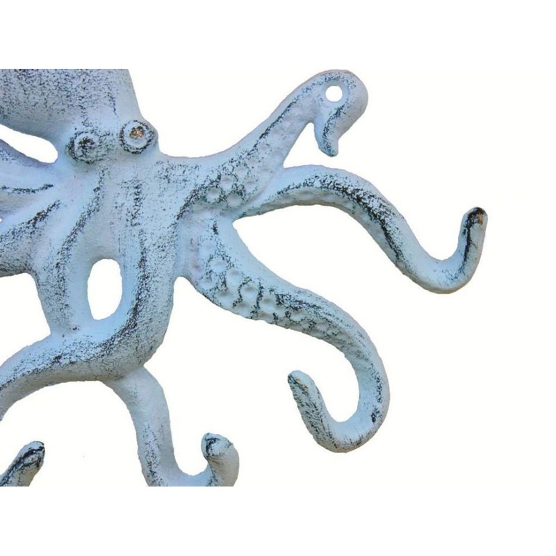 Rustic Dark Blue Whitewashed Cast Iron Octopus Hook 11 Inch
