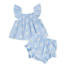 Baby Girl Daisy Outfit Smocked Tunic Shirt Ruffle Bloomer Shorts Set Cute 2Pcs Newborn Summer Clothes 0 3 6 12 18Months (Blue, 12-18 Months)
