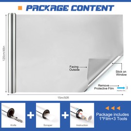 Pushglossy 48 Inch X 50 ft One Way Window Film Privacy Daytime Reflective Mirror Window Tint Sun Blocking Thermal Insulated Film Heat Control Static Cling Tint Anti UV Home Office (Silver)