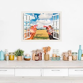 Removable Vinyl Window Decals Funny Chicken Wall Art Sticker Peel and Stick 3D Window View Chicken Fun Wall Mural Sticker for Kids Bedroom Playroom Office Art Room Decor