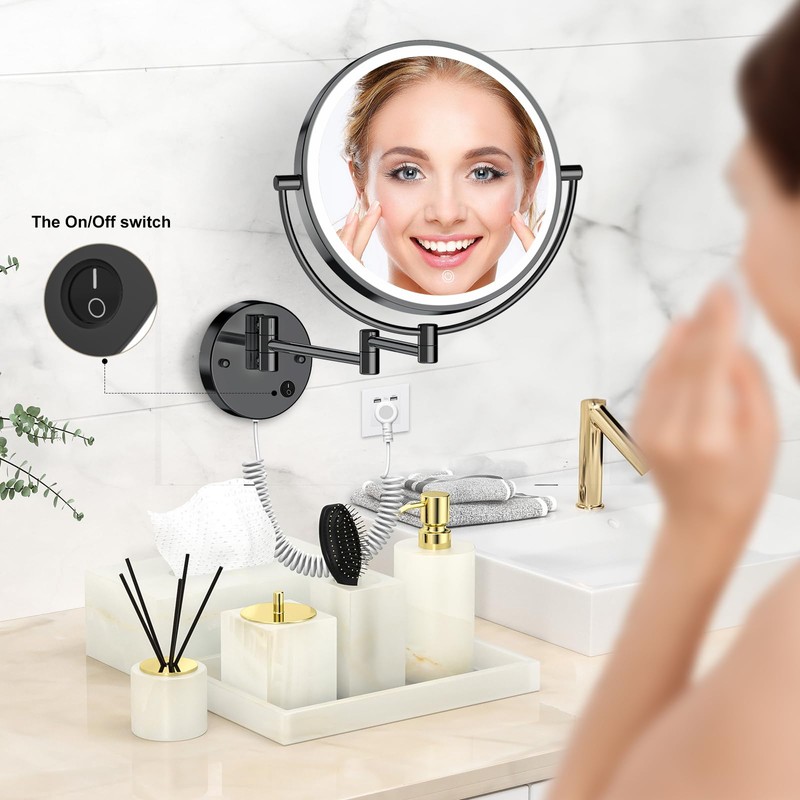 Rocollos 9" Plug-in Wall Mounted Lighted Makeup Mirror 1X/10X Magnification,