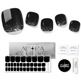 ADORA COUTURE Semi Cured Gel Nail Strips Pedicure | 32pcs Black Glitter Gel Pedi Strips | Pedicure Nail Wraps Sticker | Salon Nails at Home Pedicure Kit - Requires UV Light (Midnight Glam P)