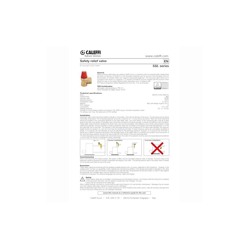 Caleffi 313 - Safety Valve with Pressure Gauge Female-Female 1/2"