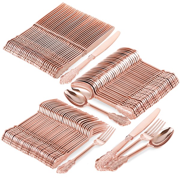 Rose Gold Plastic Silverware -150 Pack -Disposable Forks Spoons Knives, Elegant Fancy Flatware Utensils, Heavy Duty Plastic Cutlery, Perfect for Parties, Weddings