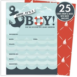 Koko Paper Co It's a Boy Nautical Baby Shower Invitations | 25 Fill-in Invitations and Envelopes | Printed on Heavy Card Stock.