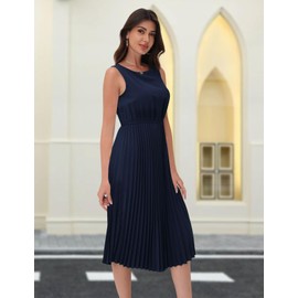 DRESSTELLS Women's Casual Dress, Aline Midi Pleated Cocktail Dresses for Wedding Guest/Church/Business Work/Easter/Beach Sun 2025 Navy Blue S