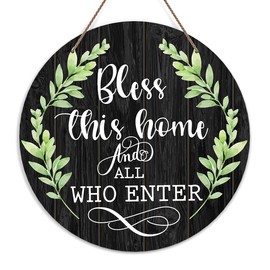 Welcome Door Sign, Greenery Wooden Sign Round Decorative Wall Plaque, Bless This Home And All Who Enter Welcome Sign for Front Door, Christian Farmhouse Porch Yard Hanging Sign Outdoor Decoration -31